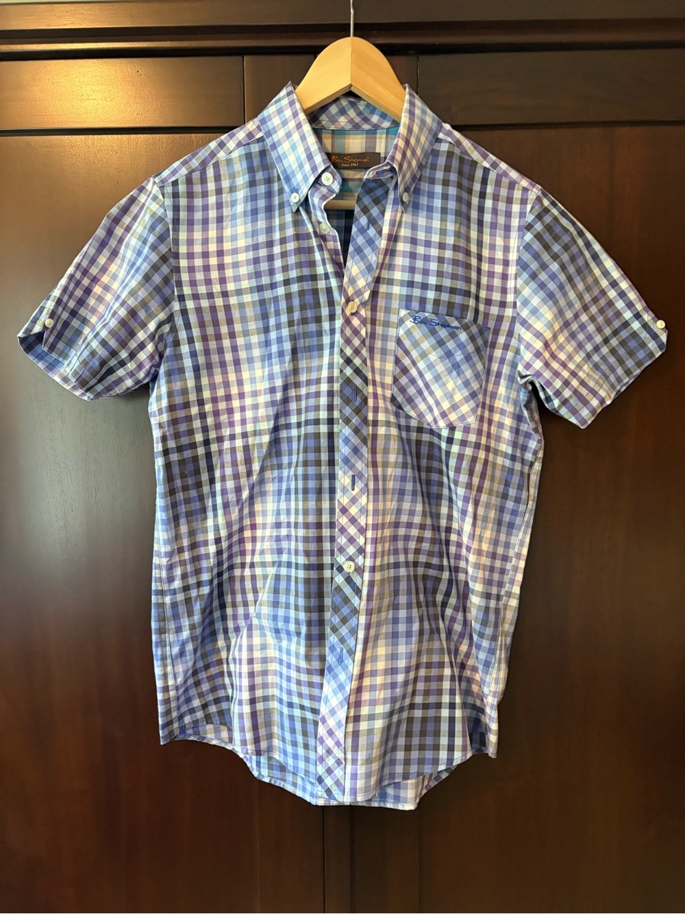 Ben Sherman Short-Sleeve Plaid Button-Down Shirt in Purple, Blue and White